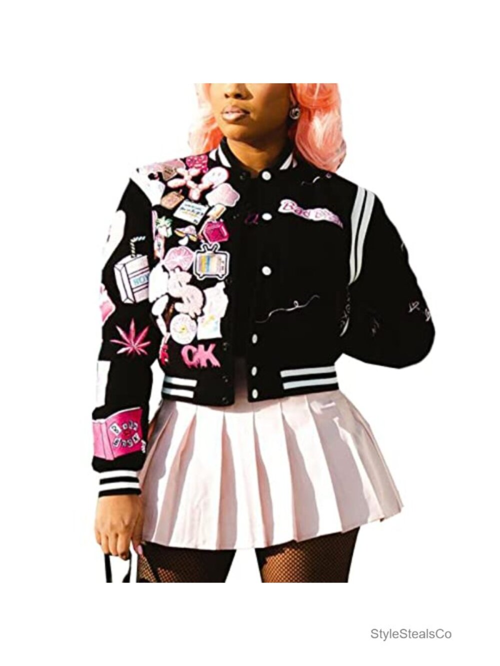 Vintage Patches Letterman Cropped Bomber Jacket for Women Lightweight